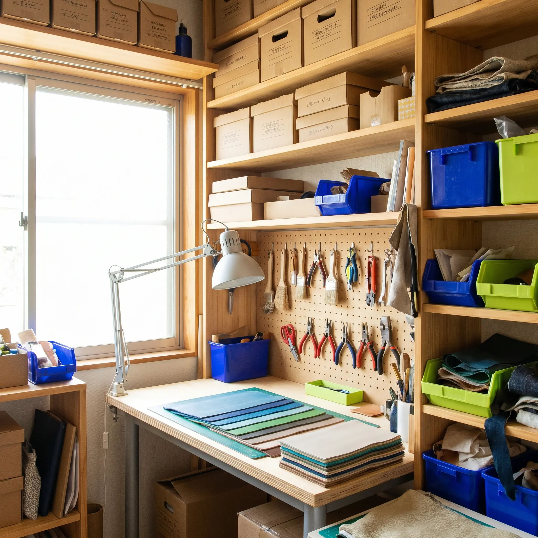 Sebuo workroom shelves with tools, samples, and a daylight inspection desk