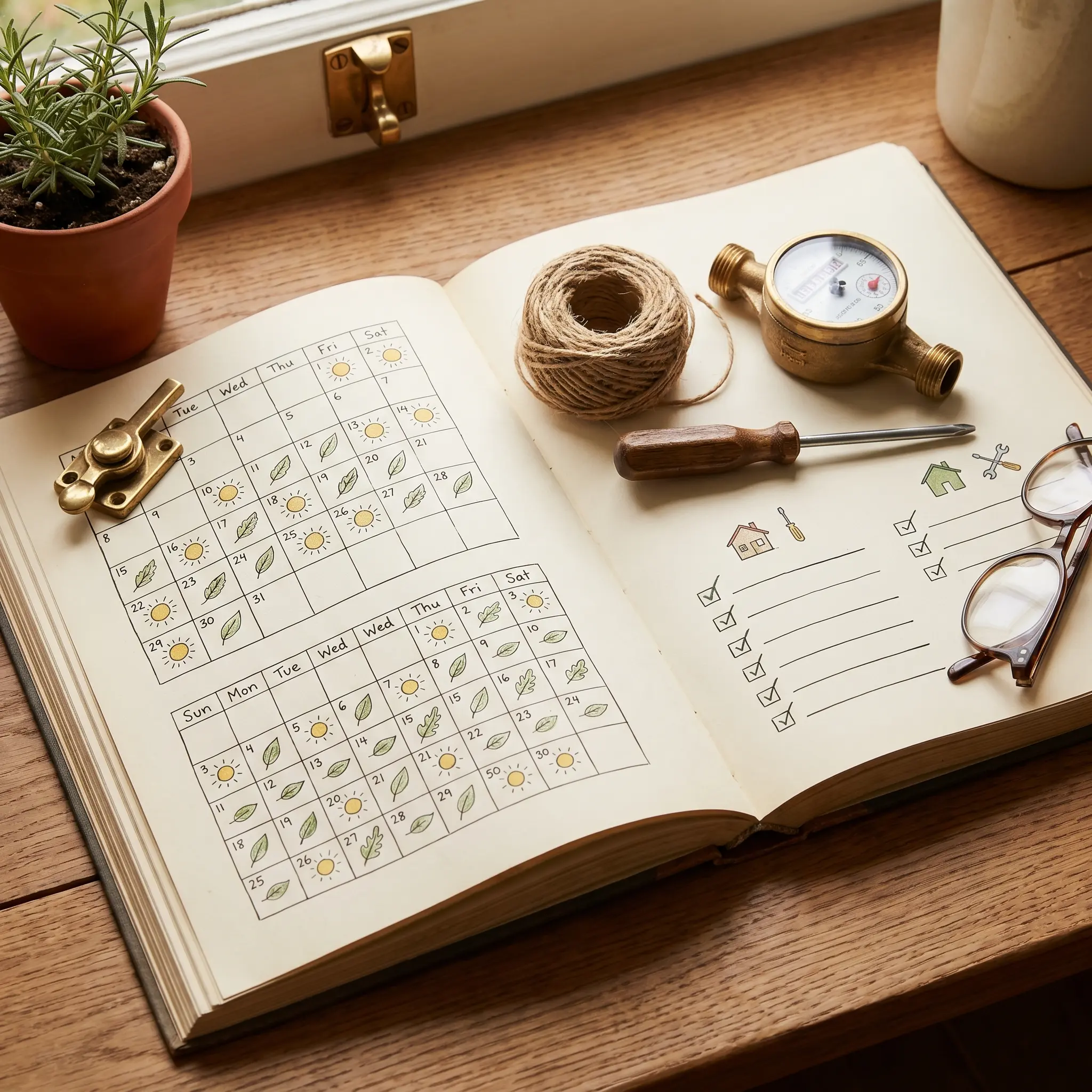 Seasonal maintenance objects arranged beside a window and a compact checklist