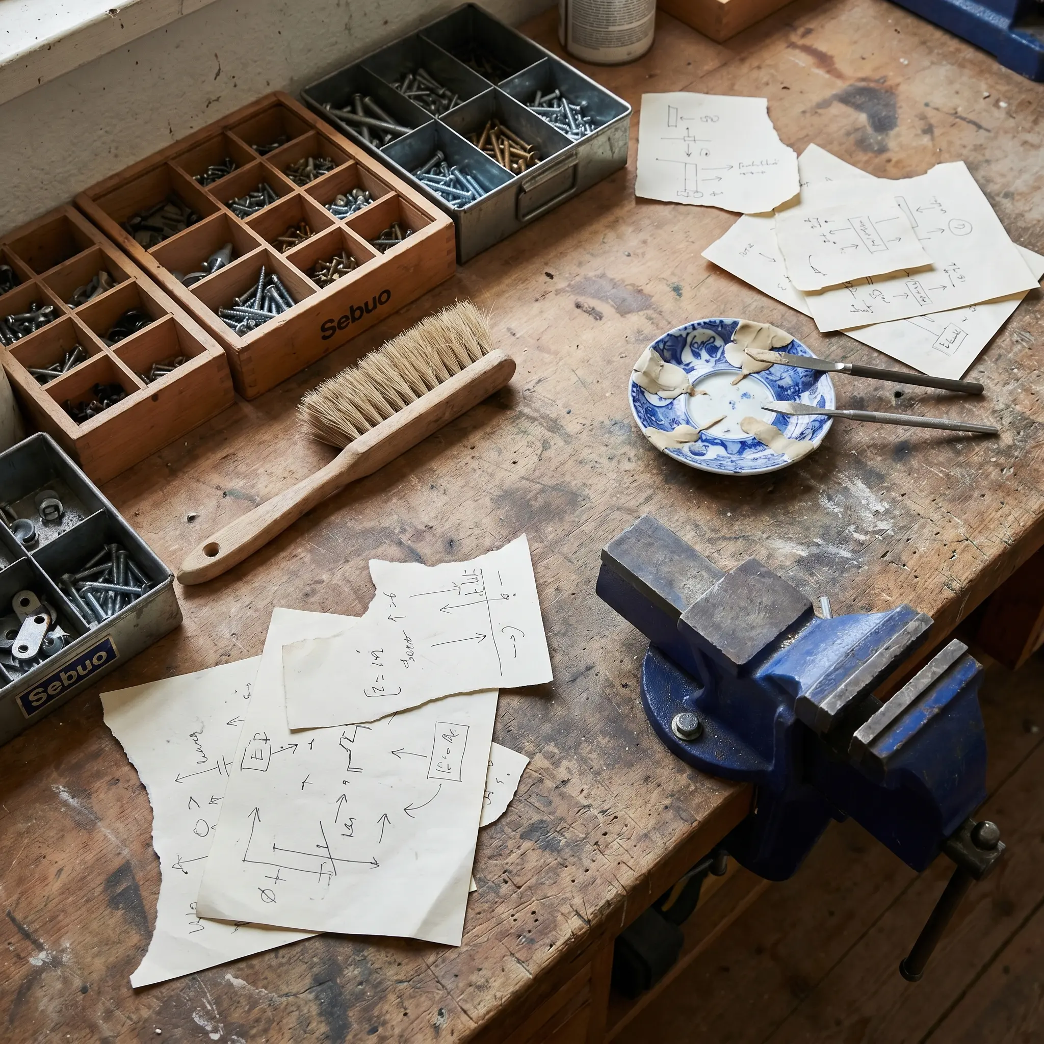 An overhead Sebuo workbench with repair tools, ceramic samples, and organized trays